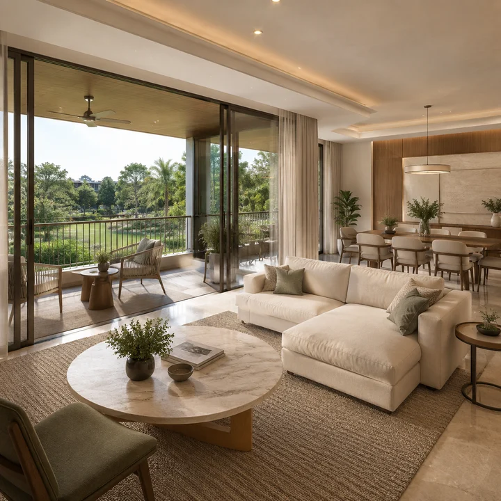 Embassy Sadahalli indicative apartment living and dining interior opening onto a covered balcony over the landscaped lawn Embassy Sadahalli indicative apartment living and dining interior opening onto a covered balcony over the landscaped lawn