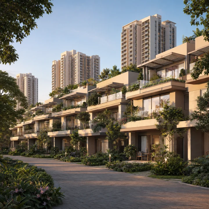 Embassy Sadahalli indicative row of the 48 low-rise villaments with planted terraces along an internal drive, apartment towers behind Embassy Sadahalli indicative row of the 48 low-rise villaments with planted terraces along an internal drive, apartment towers behind