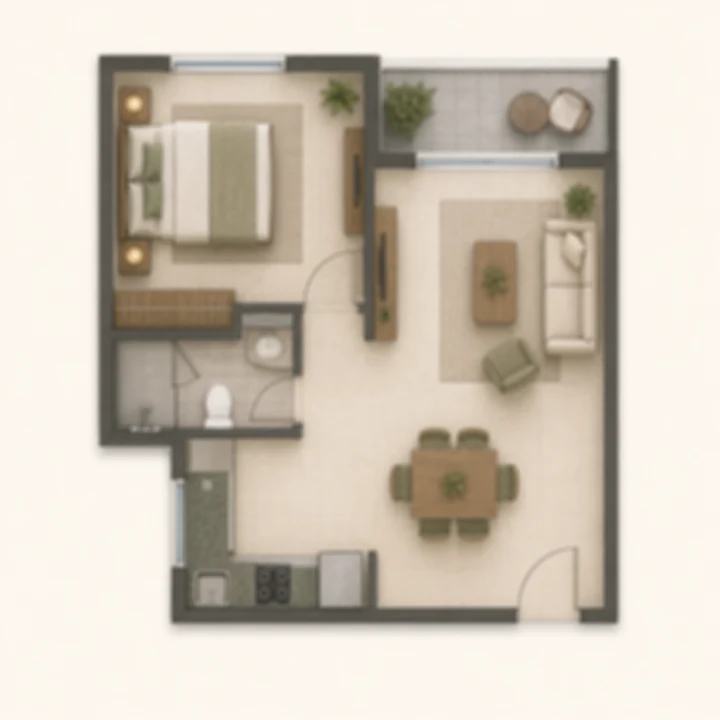 Embassy Sadahalli 1 BHK indicative floor plan, 600 to 750 sq ft on the client brief's tentative band Embassy Sadahalli 1 BHK indicative floor plan, 600 to 750 sq ft on the client brief's tentative band