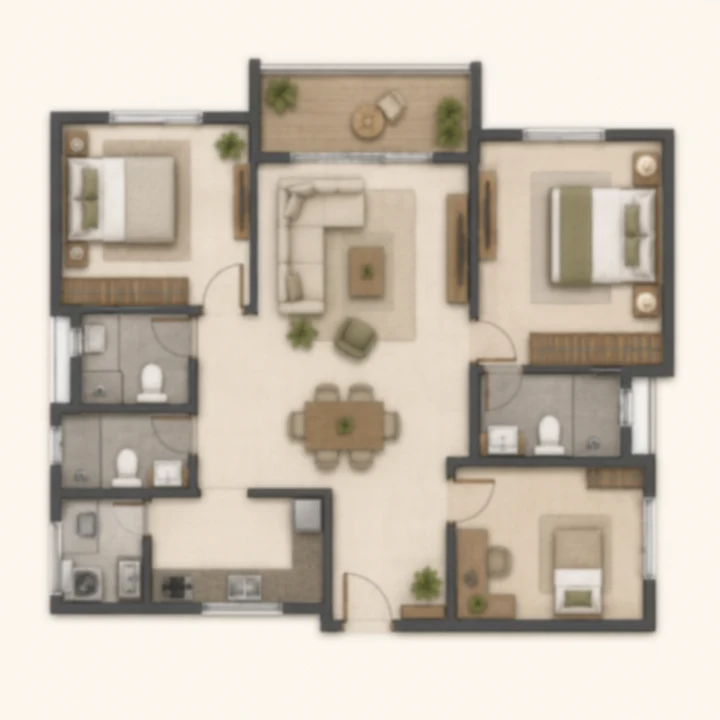 Embassy Sadahalli 2.5 BHK indicative floor plan with two bedrooms and a study, 1,050 to 1,250 sq ft on the brief's tentative band Embassy Sadahalli 2.5 BHK indicative floor plan with two bedrooms and a study, 1,050 to 1,250 sq ft on the brief's tentative band