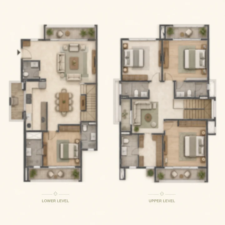 Embassy Sadahalli 4 BHK duplex indicative floor plan across lower and upper levels, 2,000 to 2,800 sq ft on the brief's tentative band Embassy Sadahalli 4 BHK duplex indicative floor plan across lower and upper levels, 2,000 to 2,800 sq ft on the brief's tentative band